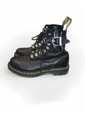 Dr. Martens Black Leather Lace-Up Ankle Boots with Yellow Trim